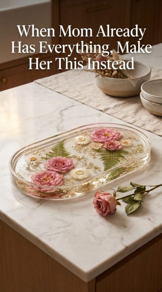 Homemade Mother's Day gifts that look expensive -- spa set, pressed flower frame, and candle arranged on a wooden table