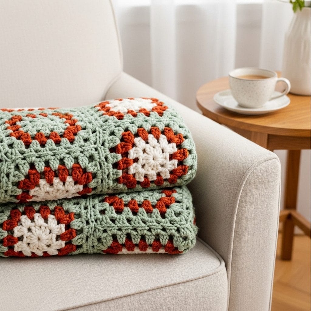 Chunky crochet granny square blanket in sage green, cream, and rust orange folded over the arm of a cream linen armchair beside a cup of milky tea.