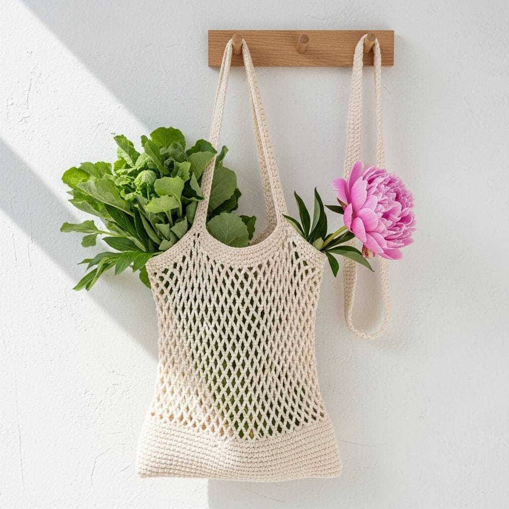 Cream cotton crochet market tote bag with mesh sides hanging from a wooden peg, holding fresh greens and a single pink peony stem.