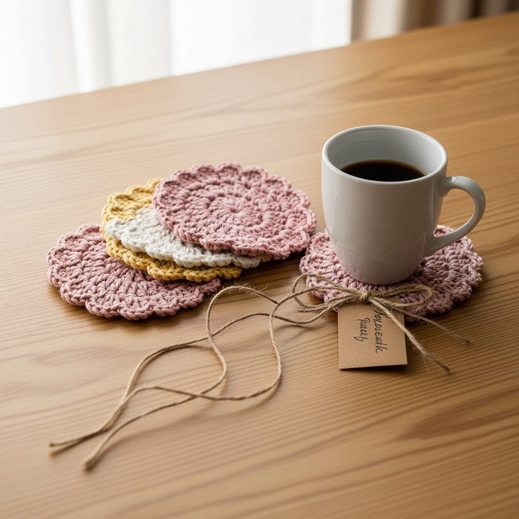 Set of four matching crochet flower coasters in dusty pink, blush, cream, and soft yellow tied with jute twine on a pale oak table.