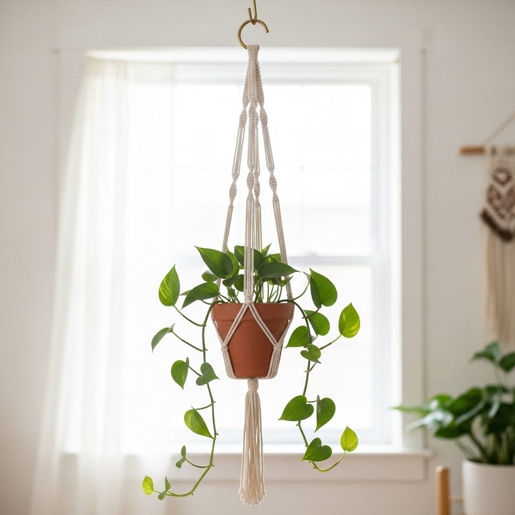 Cream cotton crochet plant hanger holding a small terracotta pot with a trailing pothos plant in front of a softly lit white window.