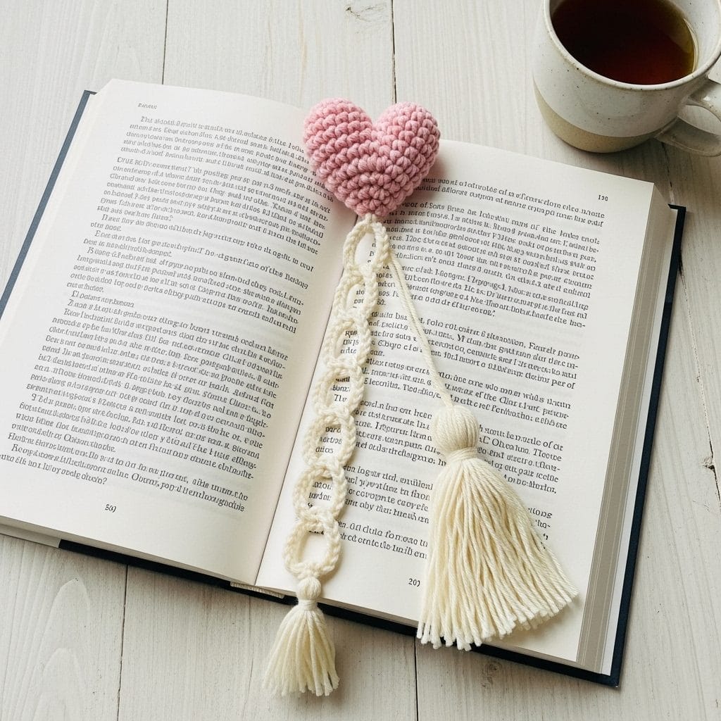 Handmade crochet heart bookmark with a soft pink puffy heart and a cream tassel lying across the open pages of a hardcover novel.
