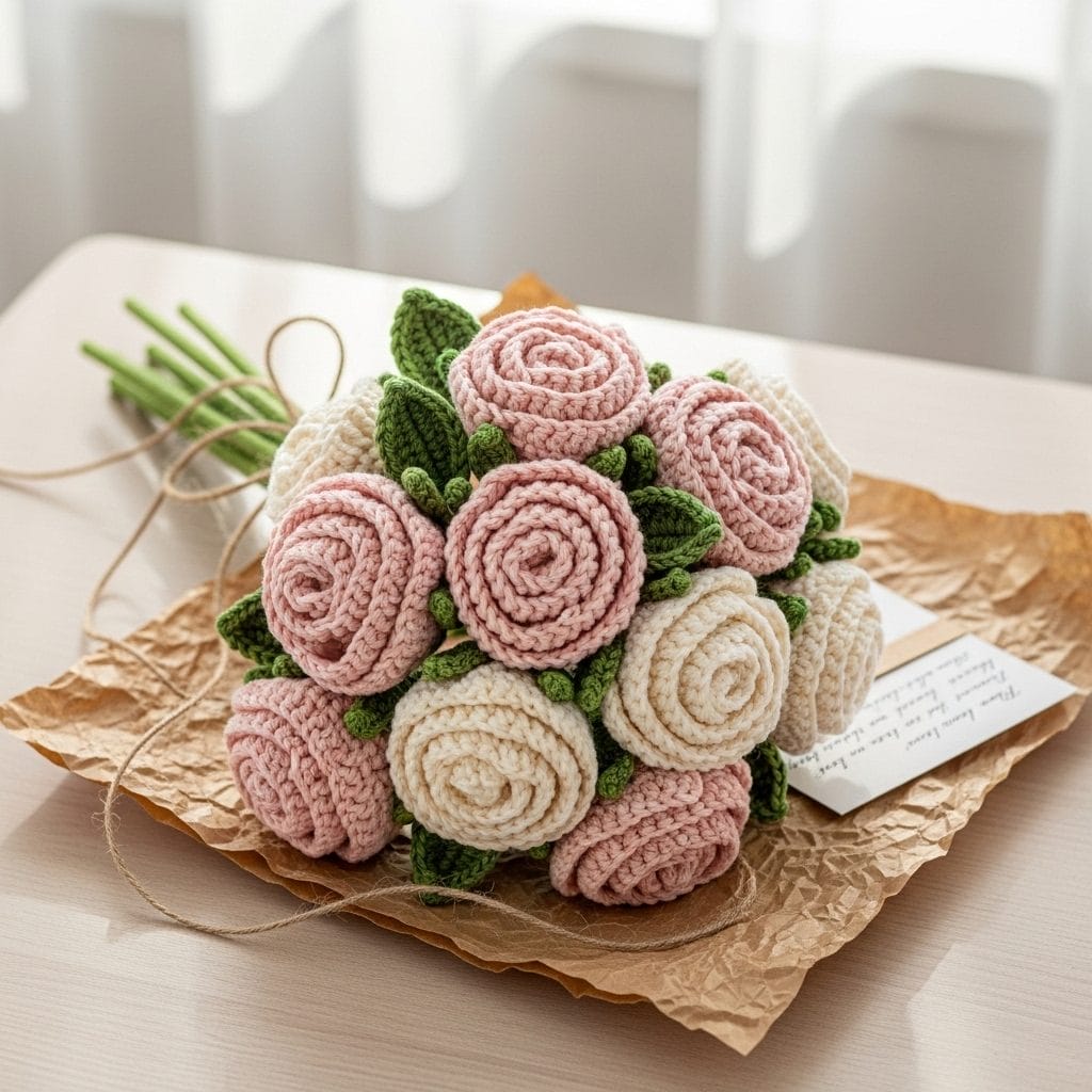 Handmade crochet rose bouquet of seven blush and cream yarn roses wrapped in brown kraft paper and jute twine on a pale wooden table.